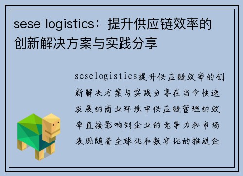 sese logistics：提升供应链效率的创新解决方案与实践分享